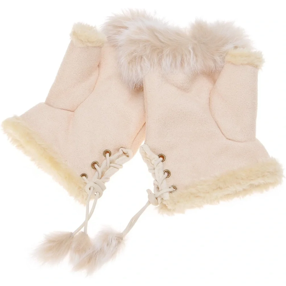 Beige Fingerless Gloves with Fur